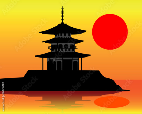 silhouette of a pagoda on an orange background