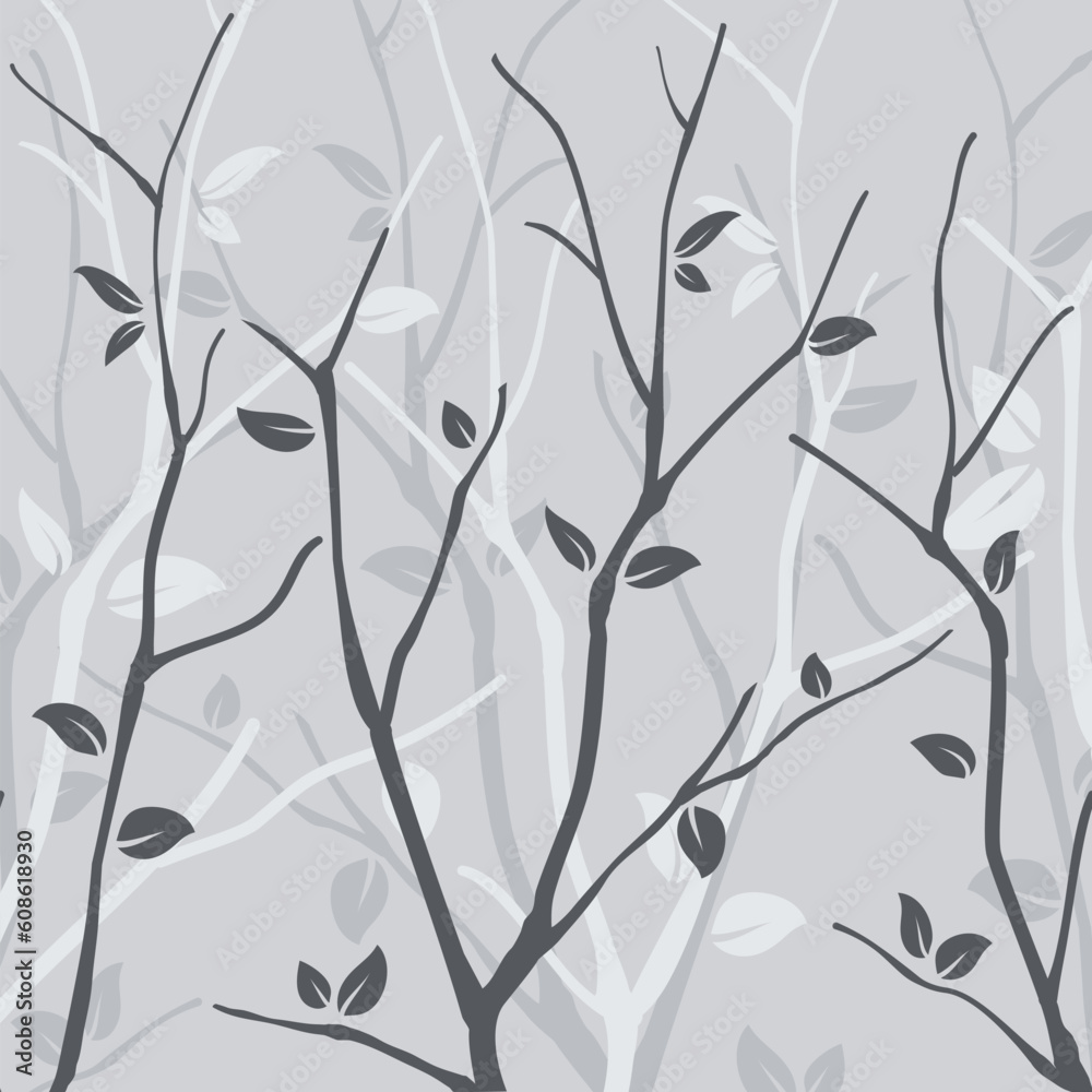 Abstract seamless pattern with leaves on grey background