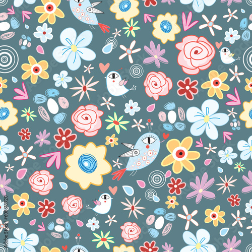 Seamless bright floral pattern with birds on a dark background