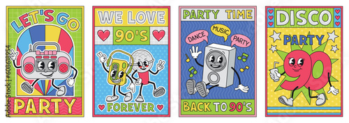 Retro party posters set. Colored vintage covers in 90s disco style. Karaoke event and nostalgic music. Comic characters with faces in form of tape recorder and mic. Cartoon flat vector illustration