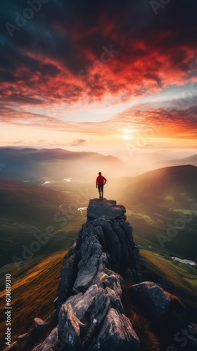 A lone adventurer standing triumphantly on a mountain peak