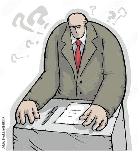 Stout mighty businessman sitting at a desk and looking at the document ready to sign