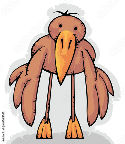 Cute funny brown bird standing a bit sad, surprised and with wings down