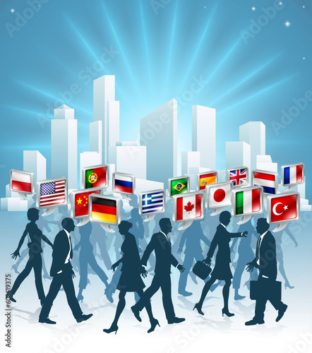 Business people passing each other at rush hour in the city speaking many different languages