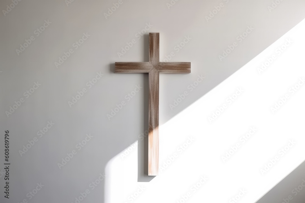 Wooden christian cross on building wall. Generative AI