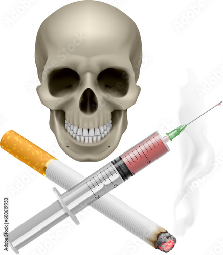 Realistic skull with a cigarette and syringe. Illustration on white background