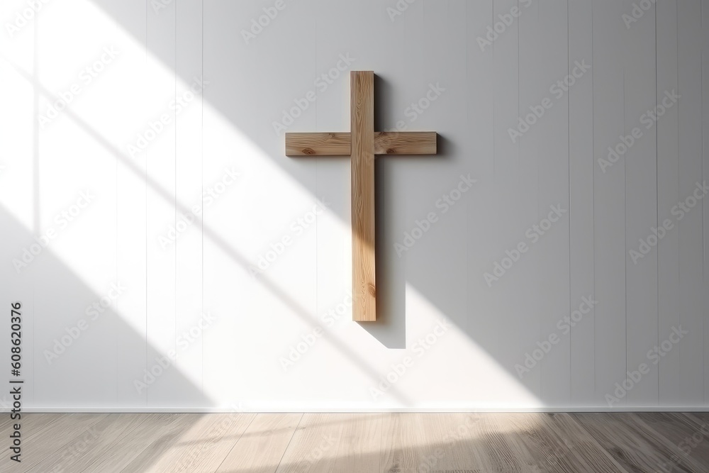 Wooden christian cross on building wall. Generative AI