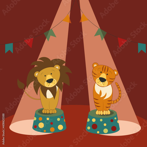 Lion and tiger sit on pedestals under beams of spotlights in a circus ring