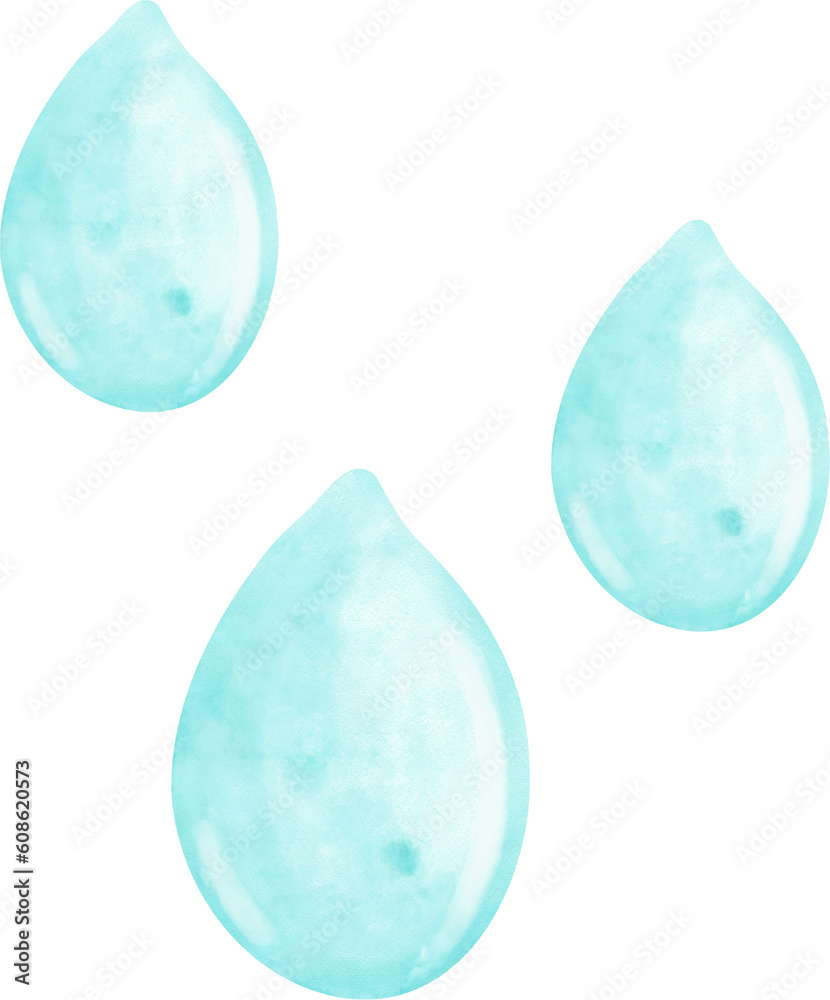 Eco friendly save water, group of three drops of blue clear water watercolor painting Eco friendly save water, group of three drops of blue clear water watercolor painting