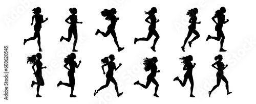 Set of woman running silhouette isolated on white background. Sport run athlete girl. Female marathon jogging vector illustration