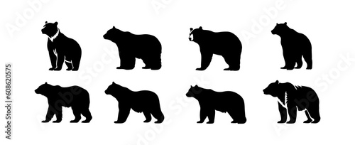 Bear silhouettes collection. Black bears animal logo symbol design. Wild mammal graphic vector illustration