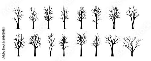 Set of dead tree silhouettes isolated on white background. Simple naked trees vector illustration