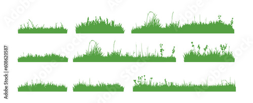 Grass field border isolated on white background. Silhouette garden grass lawn horizontal elements vector illustration