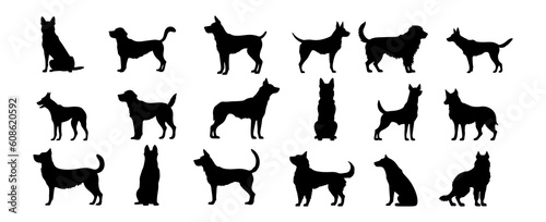 Collection of dog silhouettes isolated on white background. Black puppy standing poses icon shape design vector illustration
