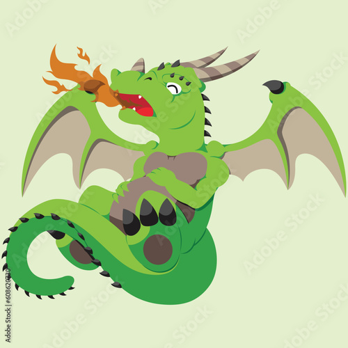 A cute vector baby dragon breathing fire for the first time.