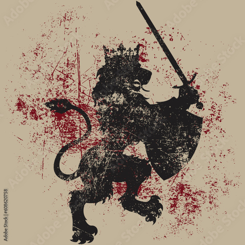 A kingly vector lion wearing a crown, while also wielding a shield and sword.  Can be easily used as a t-shirt design, or for other forms of printing.