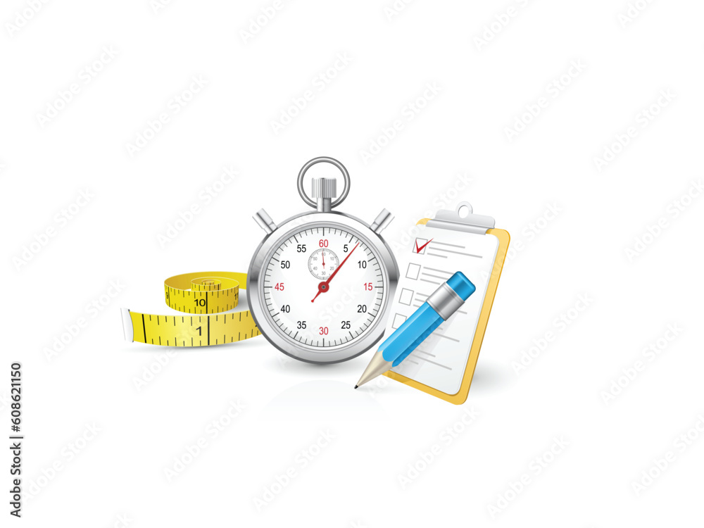 Stopwatch with clipboard and tape measure partly made with gradient mesh Stopwatch with clipboard and tape measure partly made with gradient mesh