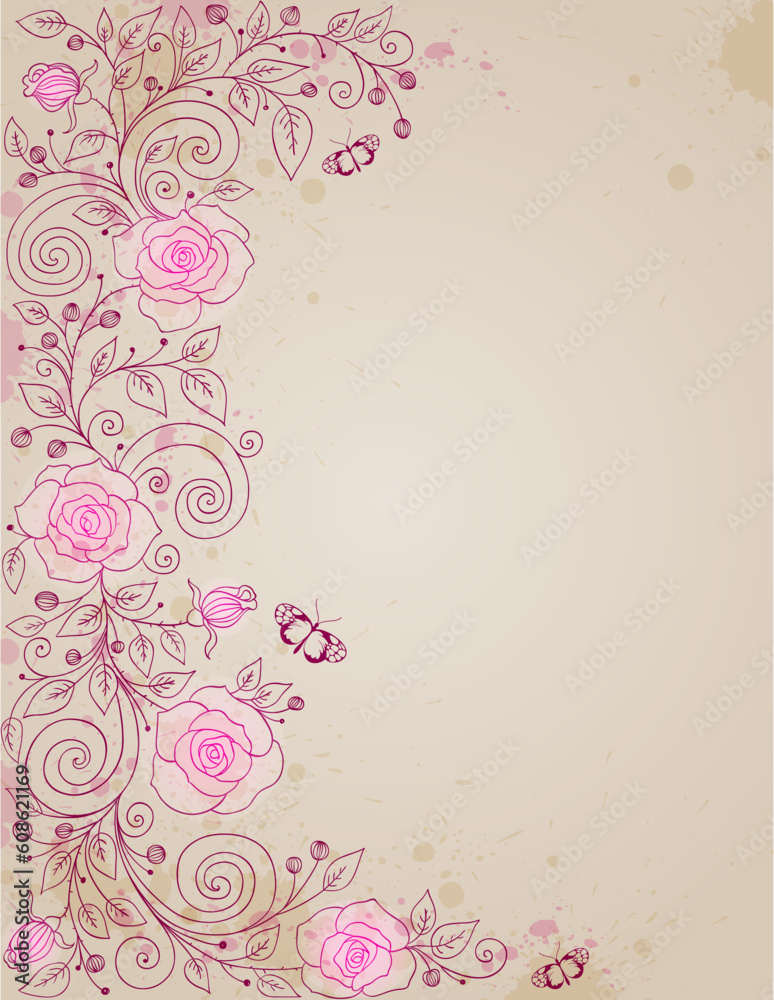 vector hand drawn floral background with rose and butterflies