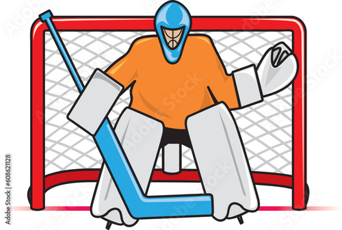 A stylized depiction of a hockey goaltender between the pipes ready to block a shot.