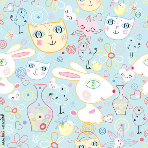 seamless pattern of cheerful cats and rabbits on a blue background