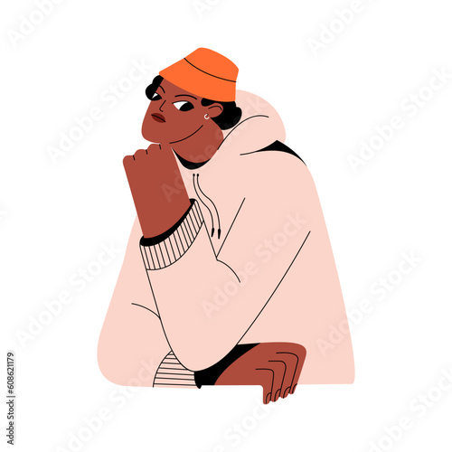 Thoughtful suspicious person thinking, doubting. Worried uncertain skeptical character looking puzzled, unsure doubtful face expression. Flat vector illustration isolated on white background