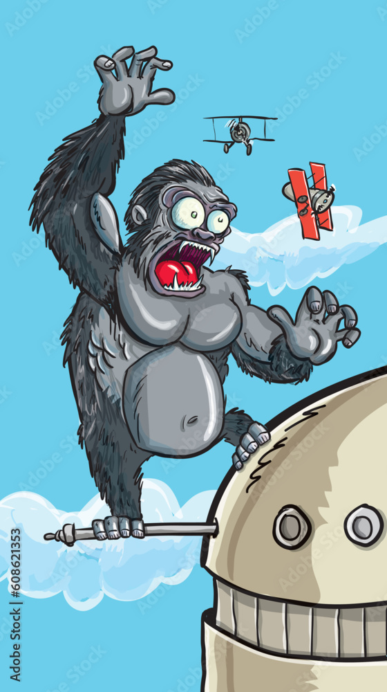 Cartoon King Kong on a building swatting bi planes Stock Vector | Adobe ...