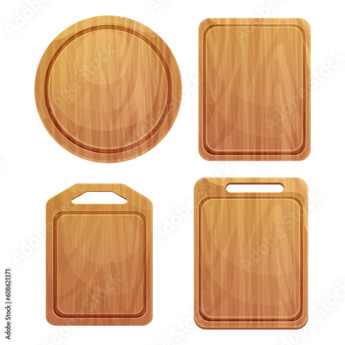 Set Cutting board wooden chopping desk top view in cartoon style isolated on white background. Wood shield, menu mockup