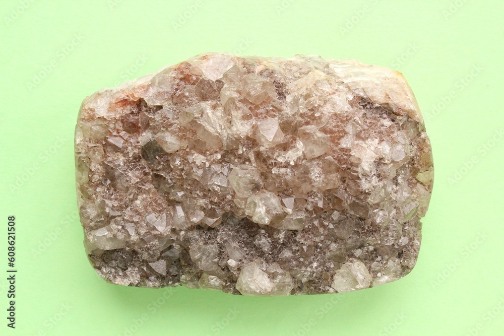 Natural white amethyst druse geode mineral crystal unpolished semi-precious gemstone. Magic rock for ritual, witchcraft, spiritual practice, meditation. Esoteric life balance concept. Copy space