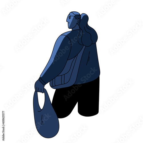 Woman stranger, wanderer with bags at night. Sad depressed person with problems. Female migrant passenger leaving, departing at nighttime. Flat vector illustration isolated on white background