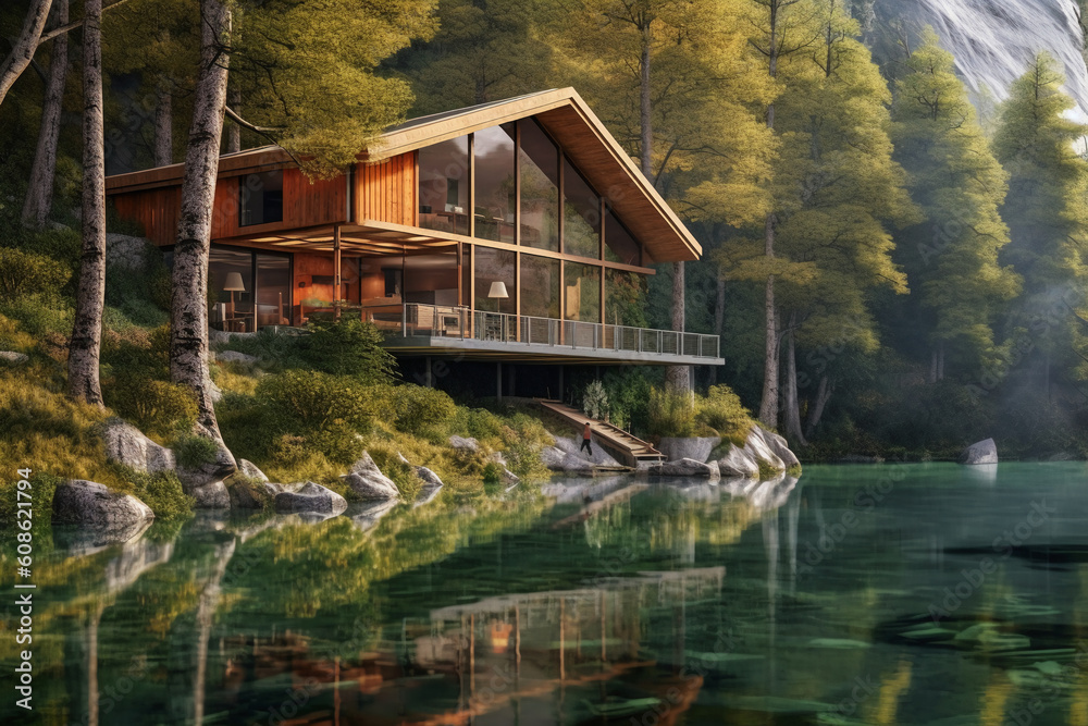 Obraz premium A house in a forest on the shore of a lake. AI generative