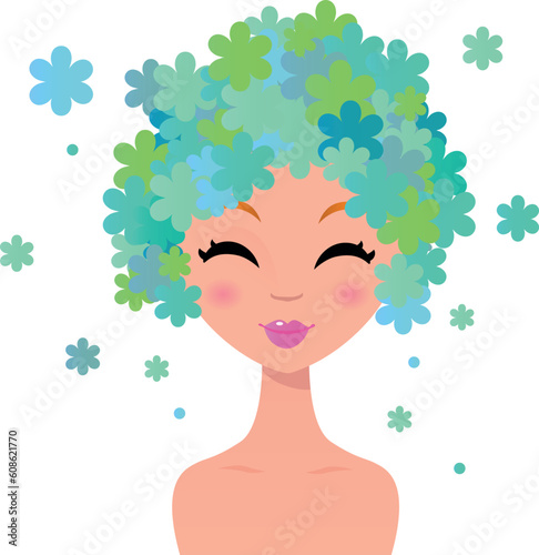 Cute beauty woman with floral hair isolated on white. Vector