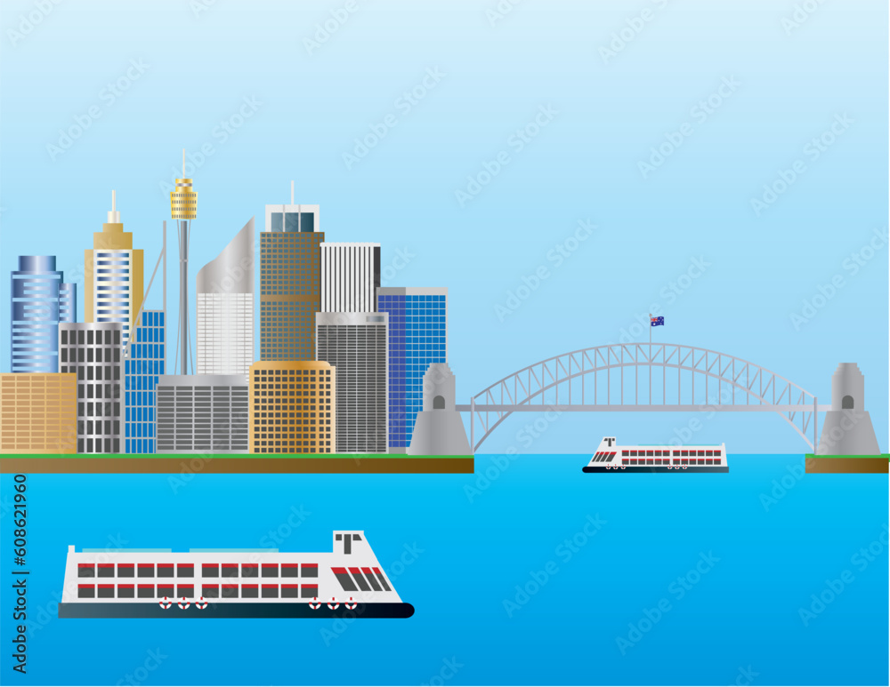 Sydney Australia Skyline Landmarks Harbour Bridge Illustration