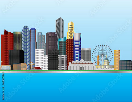 Singapore City by the Mouth of Singapore River Skyline Illustration