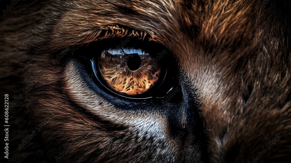 The close-up of the intense lion's eyes, with their orange color, AI generative The close-up of the intense lion's eyes, with their orange color, AI generative