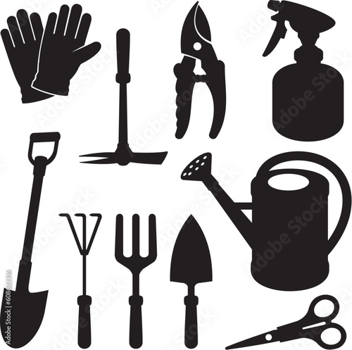 A set of gardening tool silhouette icons isolated on white background.