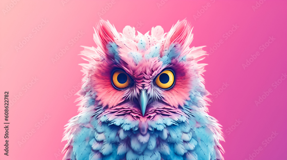 Fototapeta premium Colorful owl on pink background with copy space