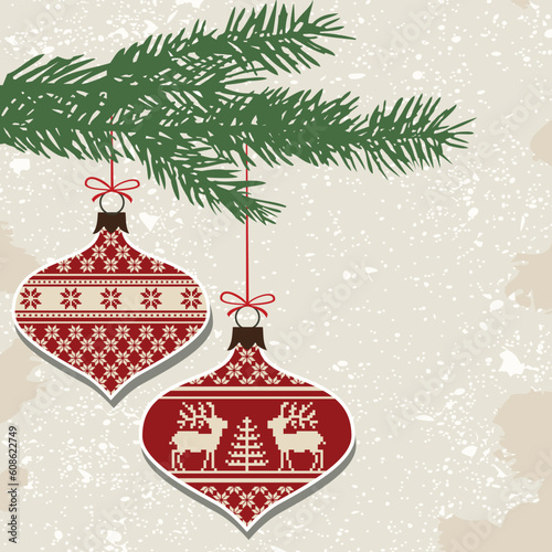 Christmas balls with nordic cross stitch ornament and green branch, vector illustration