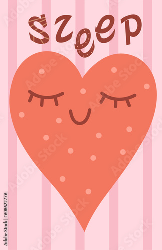 Bohemian nursery poster. Cute banner with heart and text in boho style. Charming cover in pastel colors with striped background. Cosy decor for baby bedroom. Cartoon flat vector illustration