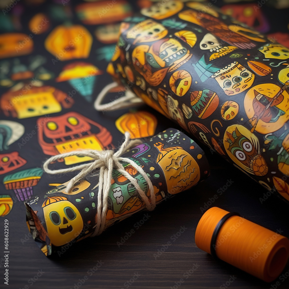 Halloween gifts. Halloween printable wrapping paper. Happy halloween. Generative AI.