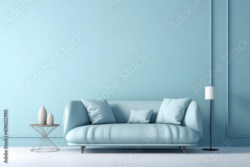 Modern interior of the living room in plain monochrome pastel blue color with sofa, light and table. Generative AI