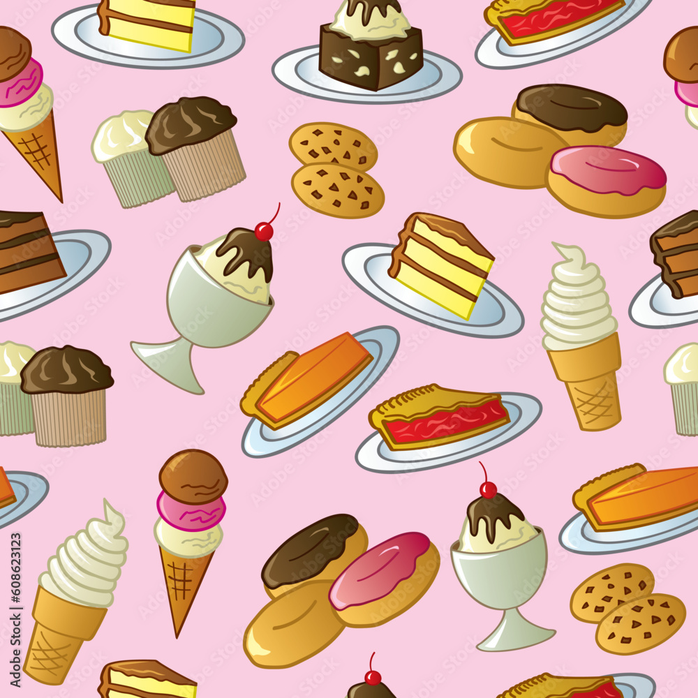 A pattern of cartoon tasty sweets and desserts. A pattern of cartoon tasty sweets and desserts.