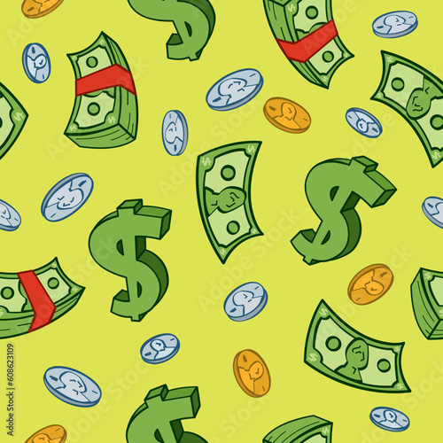 Seamless cartoon money and dollar sign pattern.