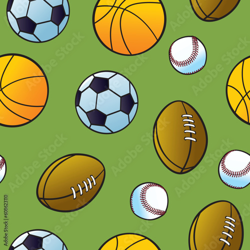 Seamless cartoon balls from popular team sports on a green background.
