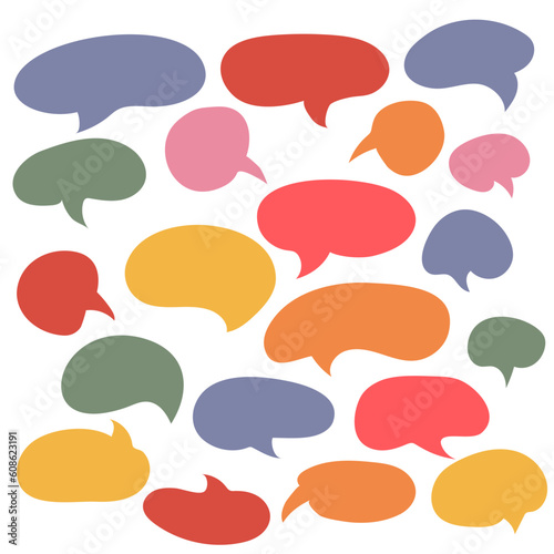 A set of speech bubbles of different colors and shapes. A set of balloons with doodles for inscriptions. A set of flat lamps in style for dialogue, conversation, talking with cartoons and comics