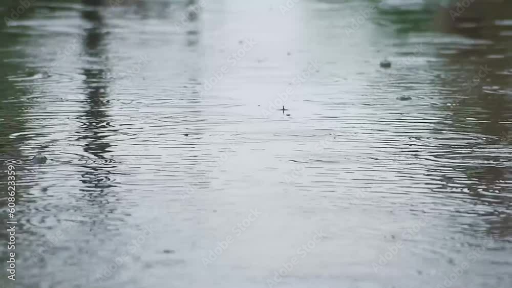 Rain drops falling in a puddle on road making ripples- a rainy weather background Rain drops falling in a puddle on road making ripples- a rainy weather background