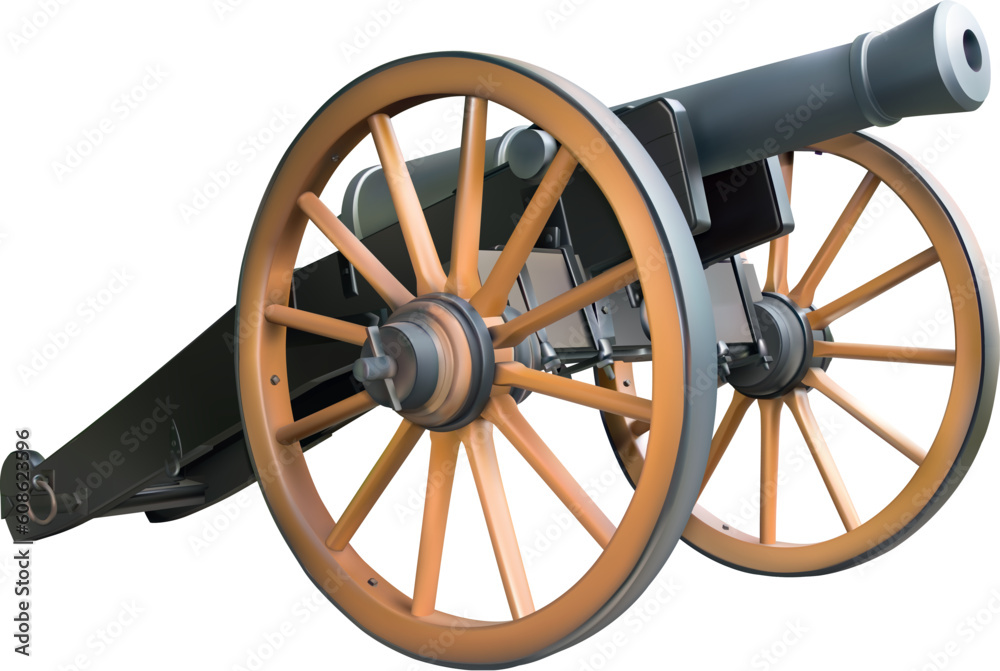 Old artillery cannon over white background