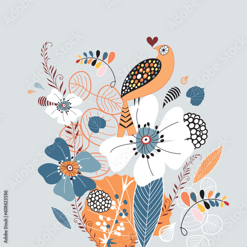 Bright floral background with a graphic love bird orange on gray