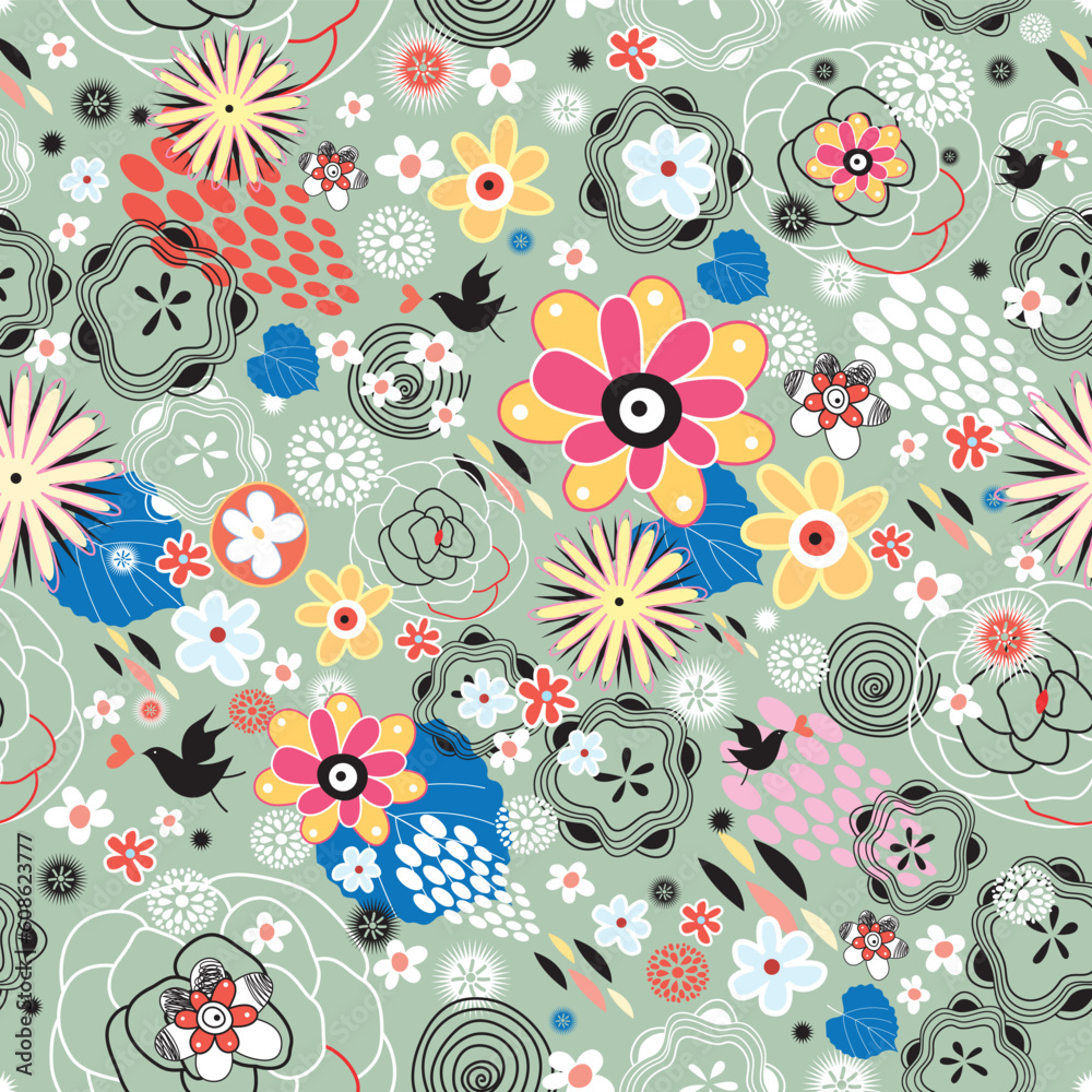 Naklejka premium Seamless colorful floral pattern on a green background