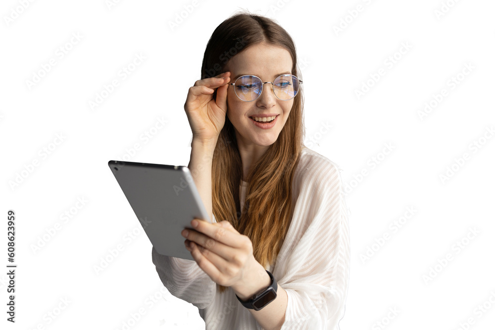 A cheerful woman in a shirt and glasses uses a tablet, works as a secretary in the office, sends a message. Transparent background, png.p