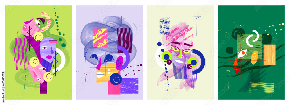 Fototapeta premium Portraits of abstract faces set. Fashion feminine geometric minimalism with blots, creative watercolor strokes and shapes. Modern silhouettes of women in cubism style. Cartoon flat vector illustration